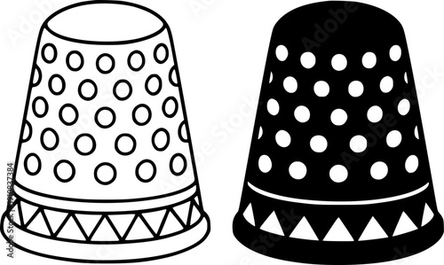 Icon, vector illustration of thimble, black and white in outline and silhouette design style