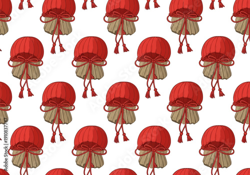 Seamless pattern of red japanese lanterns with beige bows