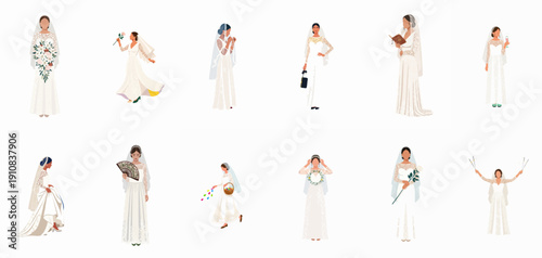 A collection of various illustrated brides in white wedding dresses and veils, showing different poses, accessories, and wedding activities isolated on white.