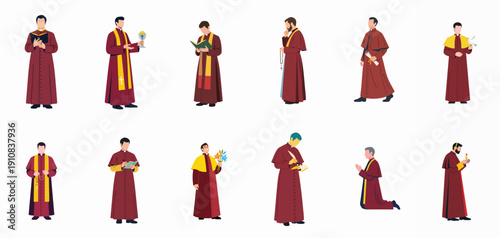 Vector set of Catholic Priests and Clerics engaging in various religious activities and roles, isolated on white background.