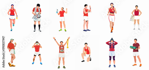 Vector illustration set of diverse runners engaged in activities like running, training, stretching, hydrating, and celebrating a marathon or race victory.