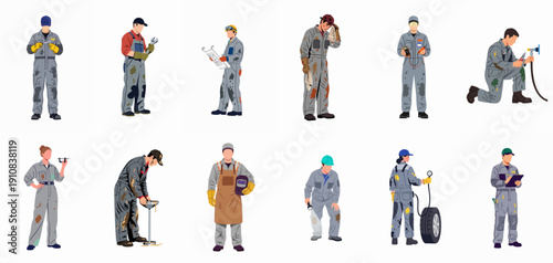 Vector illustration set of diverse industrial workers in dirty coveralls performing skilled trades like mechanics, welding, inspection, and maintenance tasks.
