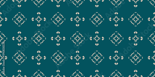 Vector geometric seamless pattern in ethnic style. Traditional nordic folk ornament. Dark teal green background with squares, diamonds, flower silhouettes. Abstract texture. Repeated design for decor