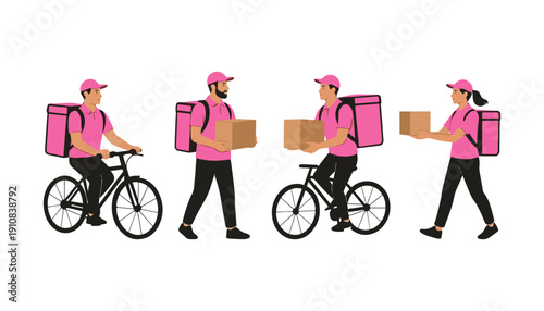 Pink Delivery Courier Character Set Illustration – Four Poses with Bike & Package for Food