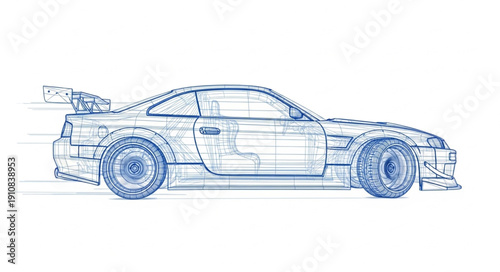 Sports Car Blueprint Wireframe Design.