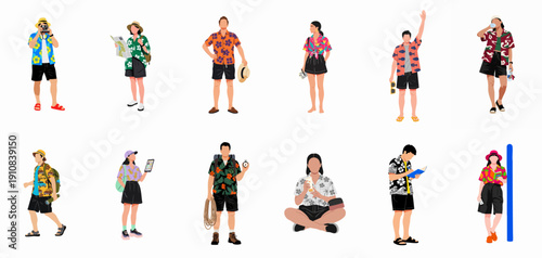 A collection of diverse travelers and tourists in colorful summer attire and Hawaiian shirts engaging in various vacation activities like photography, exploring, and relaxing.
