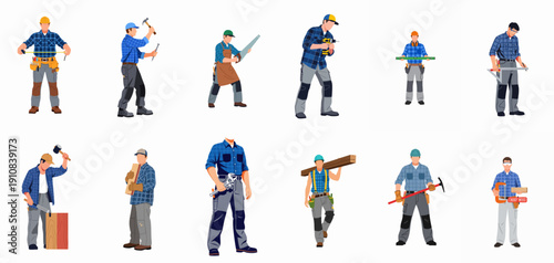 Vector collection of diverse construction workers and skilled tradesmen performing carpentry and building tasks using various essential tools.