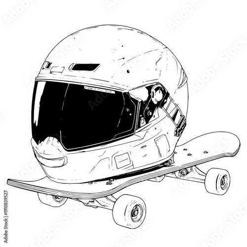 A detailed line drawing of a motorcycle helmet balanced precariously on a skateboard with four wheels