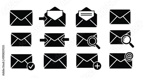 A collection of black envelope icons depicting various email states