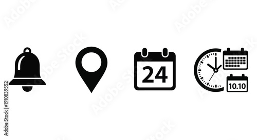 Four black glyph icons bell location calendar and clock