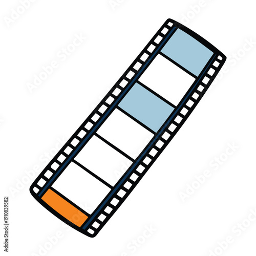 A 35 mm film negative frame shows a strip of exposed film with tiny, inverted images, bordered by perforations, capturing moments in vintage analog style.
