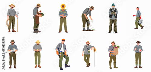 A collection of 12 male farmers and gardeners vector illustrations, depicting various agricultural work, harvesting, and planting activities.