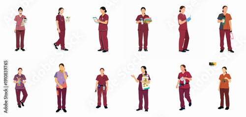 Diverse set of female healthcare workers and nurses in colorful scrubs performing various tasks, flat vector illustration bundle isolated on white.