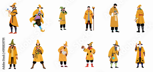 Set of Various Fantasy Wizard Characters in Yellow Robes Holding Magic Items, Staffs, Potions, and Scrolls, Isolated Vector Illustration.