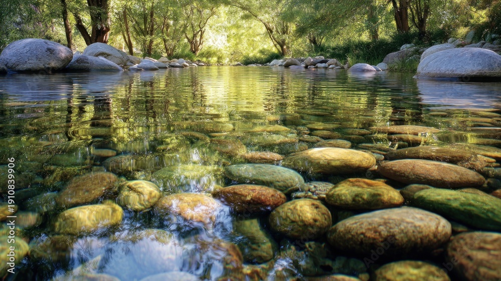 Fototapeta premium Serene stream view sunlit water reflects trees, showcasing smooth stones below