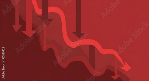 Red Downtrend Arrows and Wavy Lines Symbolizing Economic Decline Market Crisis Financial Loss Concept