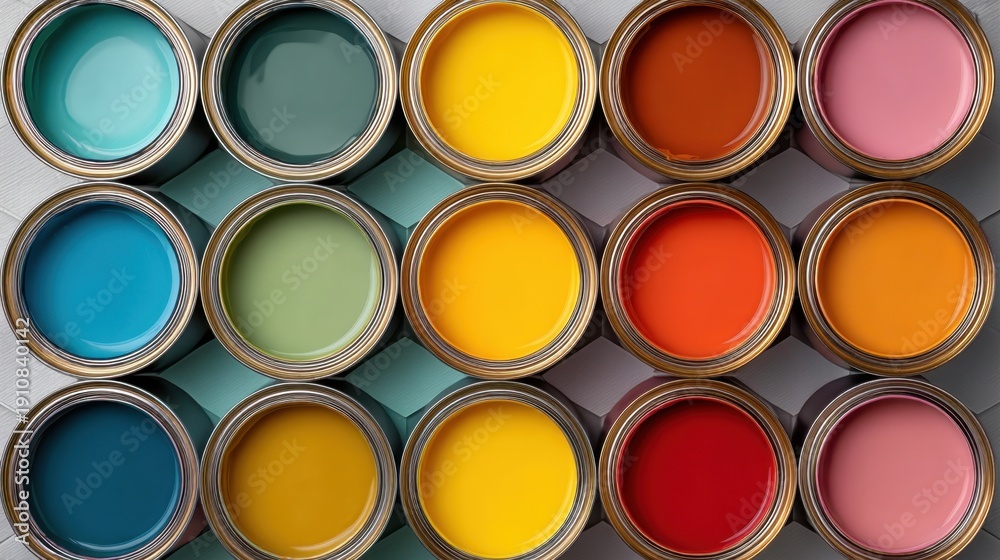 Fototapeta premium Colorful Array of Paint Cans in Various Shades for Home Decoration and Artistic Projects