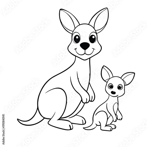 A playful kangaroo points ahead while its curious joey peeks from the pouch, ready for fun—perfect for a charming, family-friendly coloring page.
