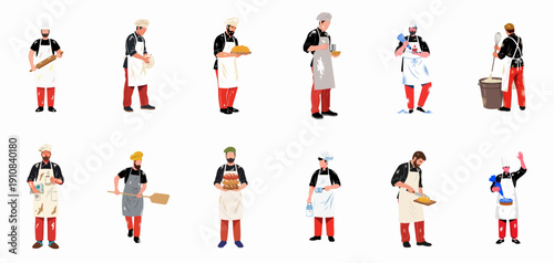 Collection of male bakers and pastry chefs preparing food, kneading dough, mixing ingredients, and holding fresh baked goods.