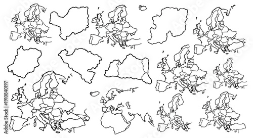 Outlined contours of European countries and territories showcasing diverse geopolitical shapes