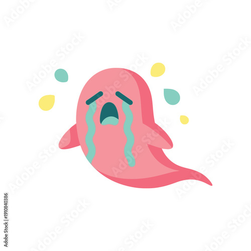 Crying Ghost Emoji in Simple Flat Design with Pastel Colors on White Background for Social Media
