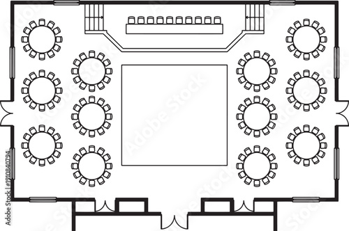 A meticulously crafted top-down perspective of a venue floor plan showcasing a series of round tables, ideal for an event or banquet. 