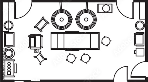 An overhead plan of a modern operating room meticulously laid out with all equipment in an illustrative style, evoking precision and sterile environments.