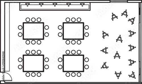 An overhead view shows an empty meeting or event space, with arranged tables and chairs, ready for attendees.