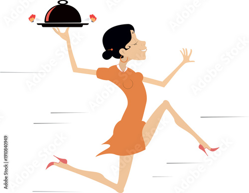Running young woman with cloche serving plate
