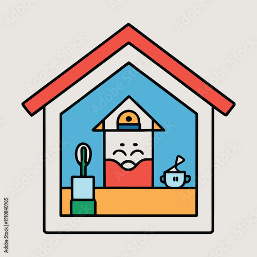 Cozy and warm, the room glows with soft light, filled with furniture, books, and personal touches, making the house feel alive and inviting.
