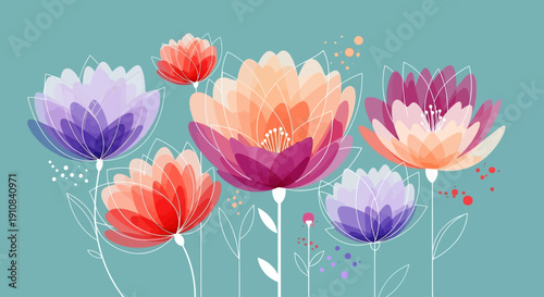 Modern Abstract Floral Background with Geometric Line Art on Teal Canvas