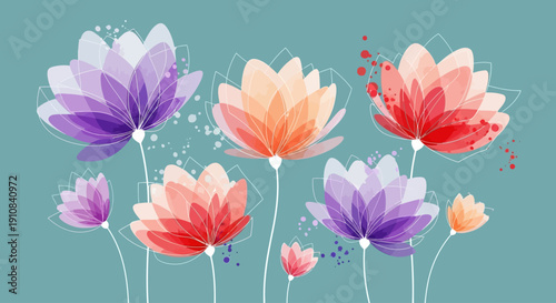 Modern Abstract Floral Background with Geometric Line Art on Teal Canvas