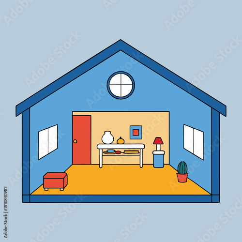 Cozy and warm, the room glows with soft light, filled with furniture, books, and personal touches, making the house feel alive and inviting.
