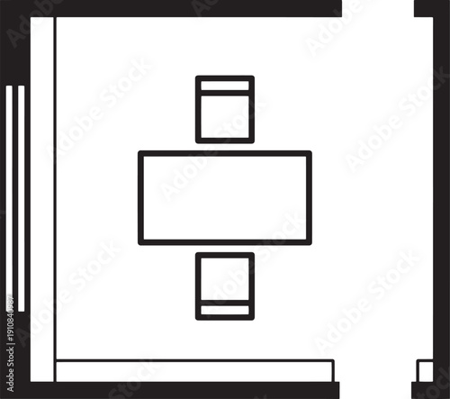 Clean, minimalist architectural floor plan, a modern design for a workspace or a residence. Illustrating layout, spatial arrangement, and structural form.