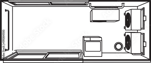 A minimalist monochrome diagram of a modern, well-equipped laundry room, featuring a washer, dryer, and storage, the image focuses on functionality and the neat design of space.