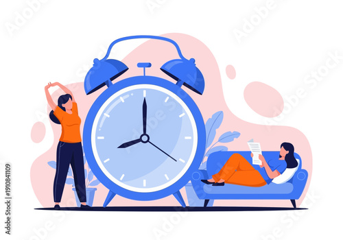 Time management concept with woman stretching and woman reading on couch