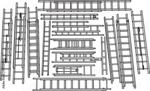 Multiple ladders of various designs and sizes, arranged in a visually engaging pattern, provide a unique perspective on the tools of height access.