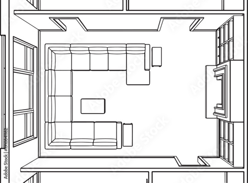 A bird's-eye schematic diagram of a modern living room, complete with a sectional sofa, coffee table, and fireplace, offering a unique perspective on interior design and space planning.