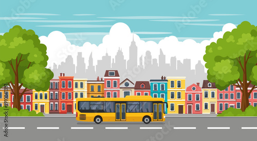 Vector illustration of a yellow city bus traveling down a street with colorful buildings and trees under a sky with clouds
