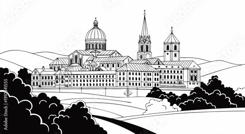 Vector illustration of a large, historic monastery complex nestled in rolling hills under a vast sky, detailed ink drawing