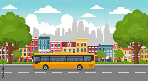 Yellow bus on a city street with buildings and trees, vector illustration