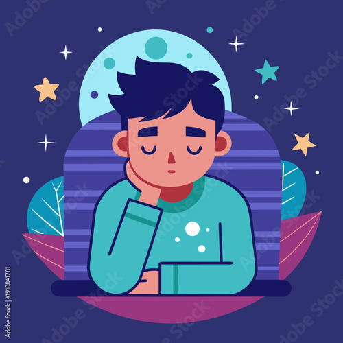 Drowsy boy with moon and stars at night