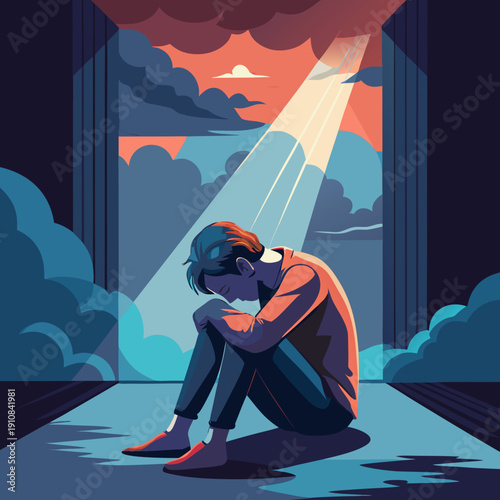 Man sitting alone in dramatic light and shadow