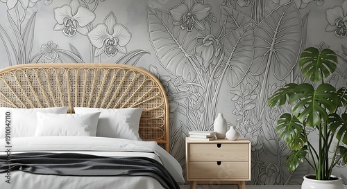 Serene bedroom interior with a natural rattan headboard, crisp white bedding, and a striking botanical mural featuring orchids and tropical leaves.