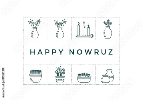 Nowruz haftsin elements line art greeting card