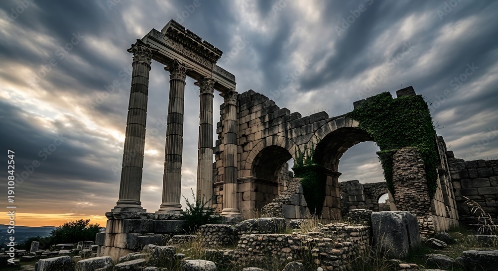 Fototapeta premium Ancient roman ruins with columns and arches under dramatic cloudy sky at sunset