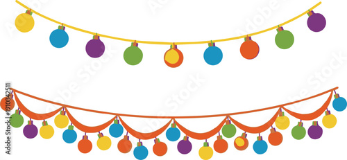 Colorful party decorations with hanging ornaments on strings.