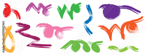 Collection colorful bold curved lines with loops isolated on white. Hand drawn bold grunge wavy and swirled brush strokes. Simple childish vector scribbles and squiggles. Creative trendy style design