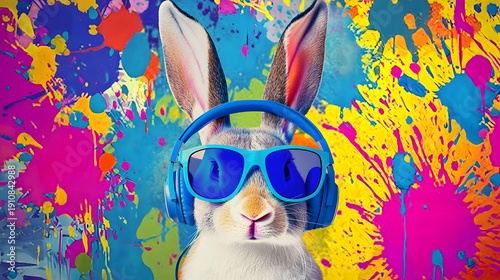 An Easter bunny wearing glasses and headphones against a bright graffiti wall is a modern character, youth style, street art, and a festive Easter theme