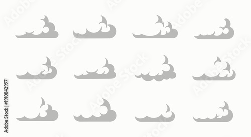 Collection of diverse vector cartoon clouds in various shapes and forms, ideal for weather graphics, game design, digital art, and creative visual projects